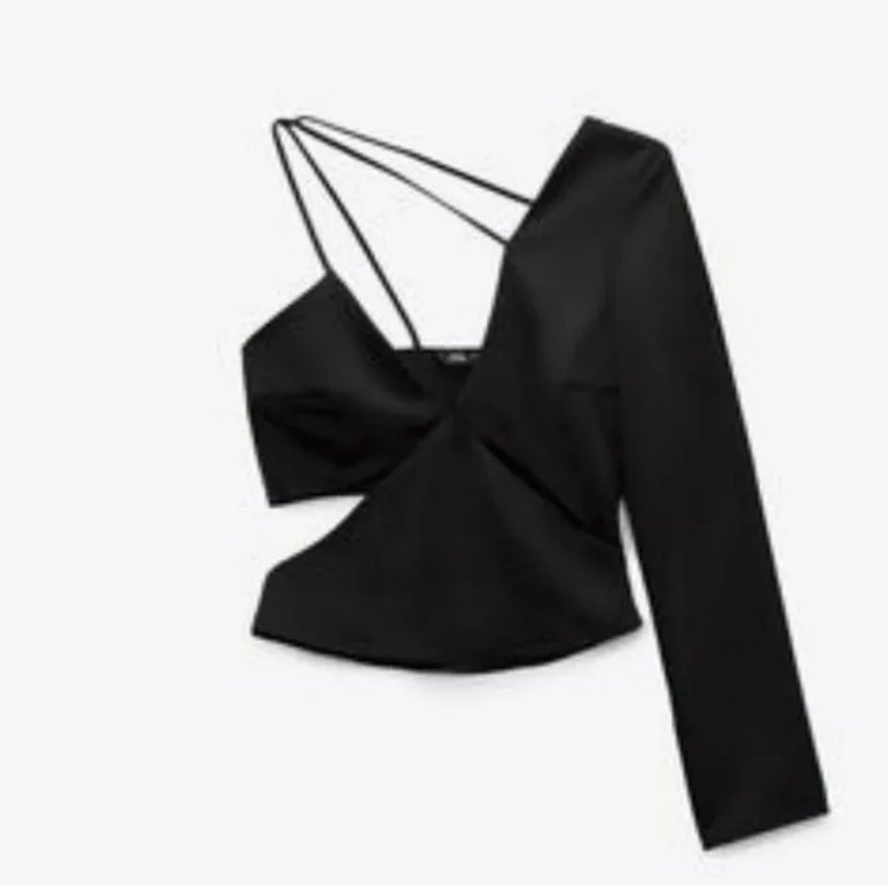 New Zara Black Cutout One Shoulder Satin Top XS